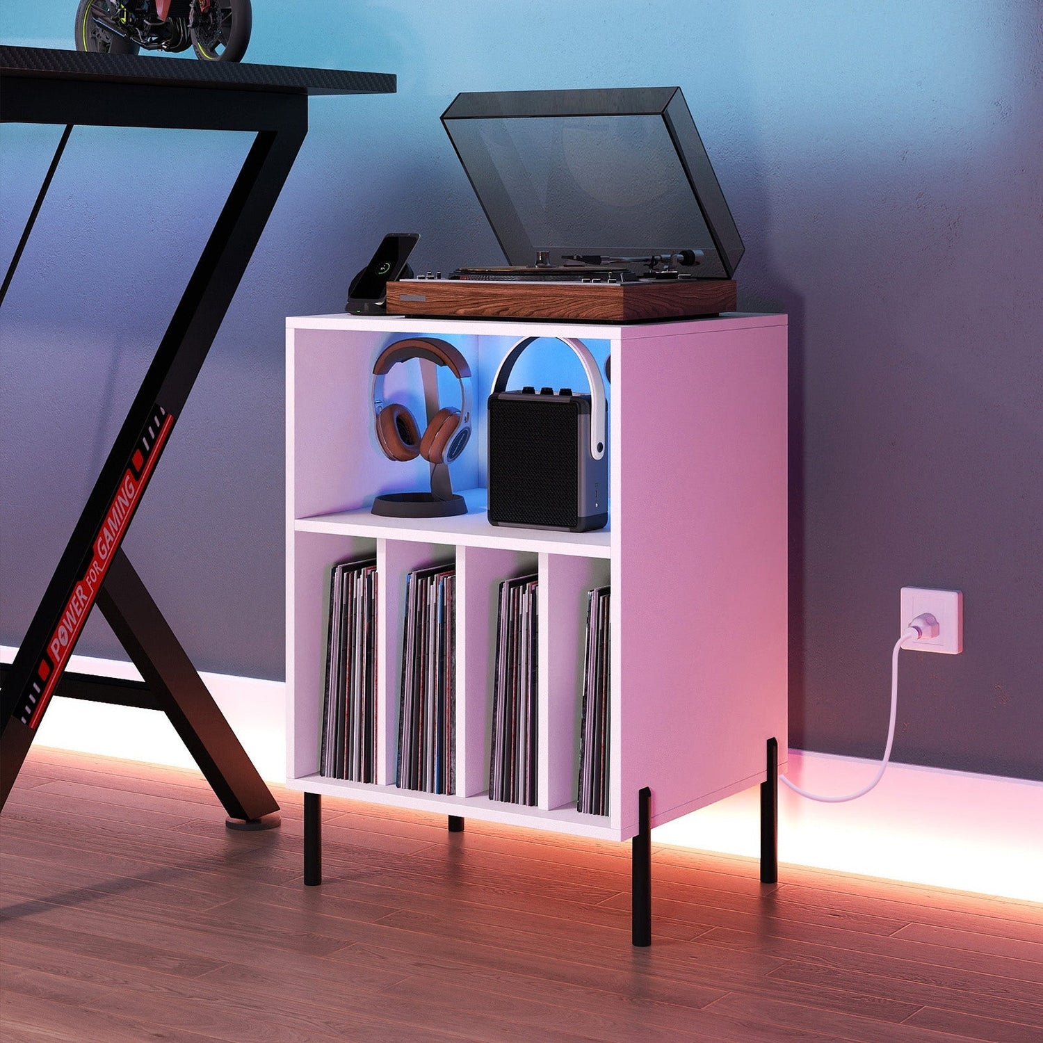 Record Player Stand with LED Light and Charging Station