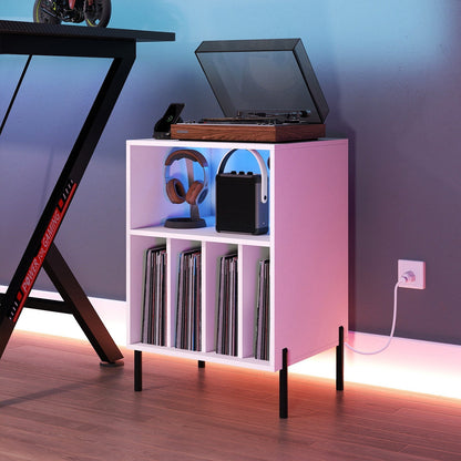 Record Player Stand with LED Light and Charging Station