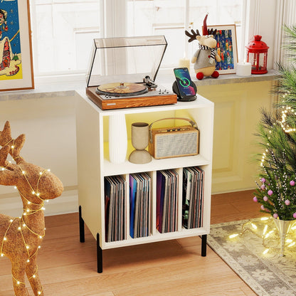 Record Player Stand with LED Light and Charging Station