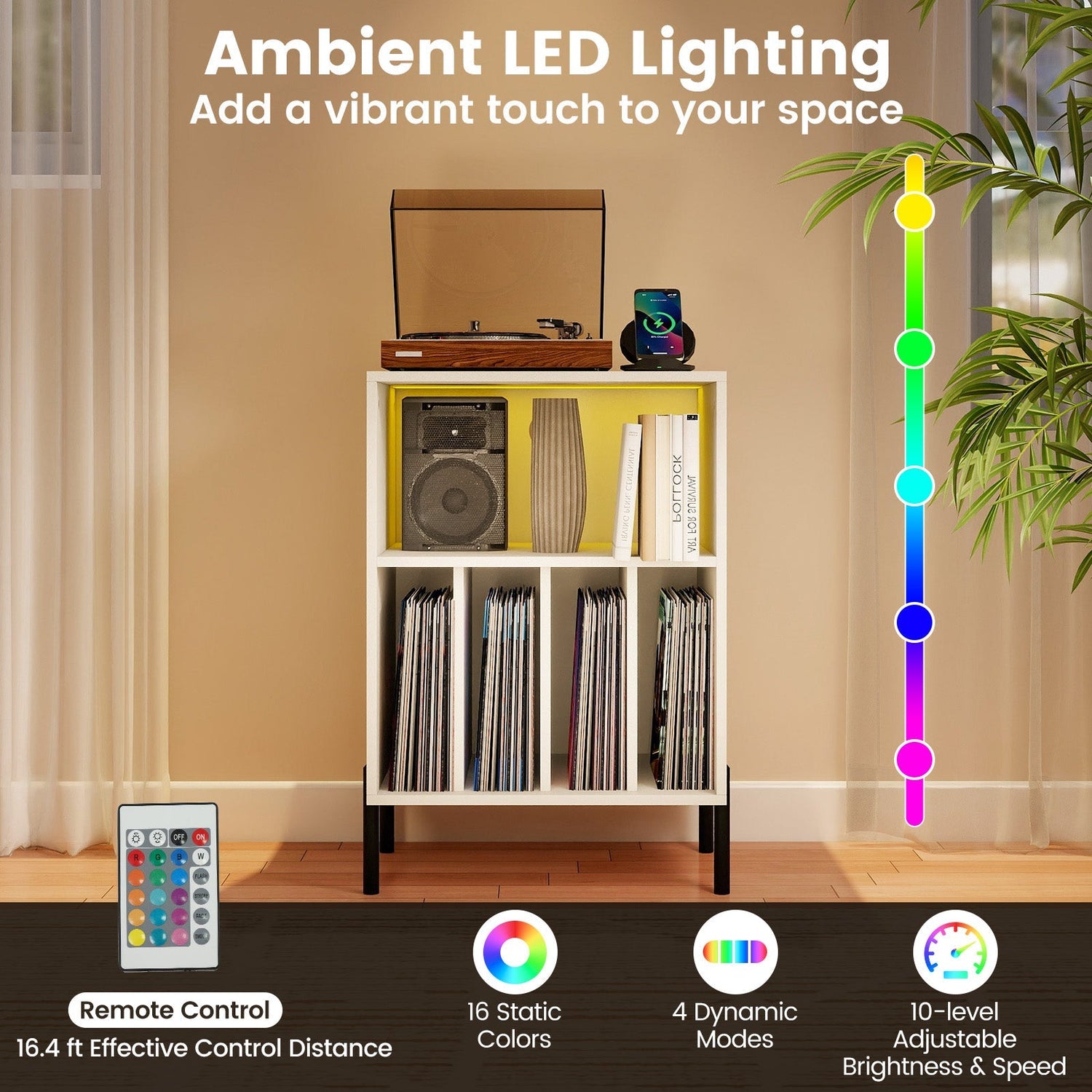 Record Player Stand with LED Light and Charging Station