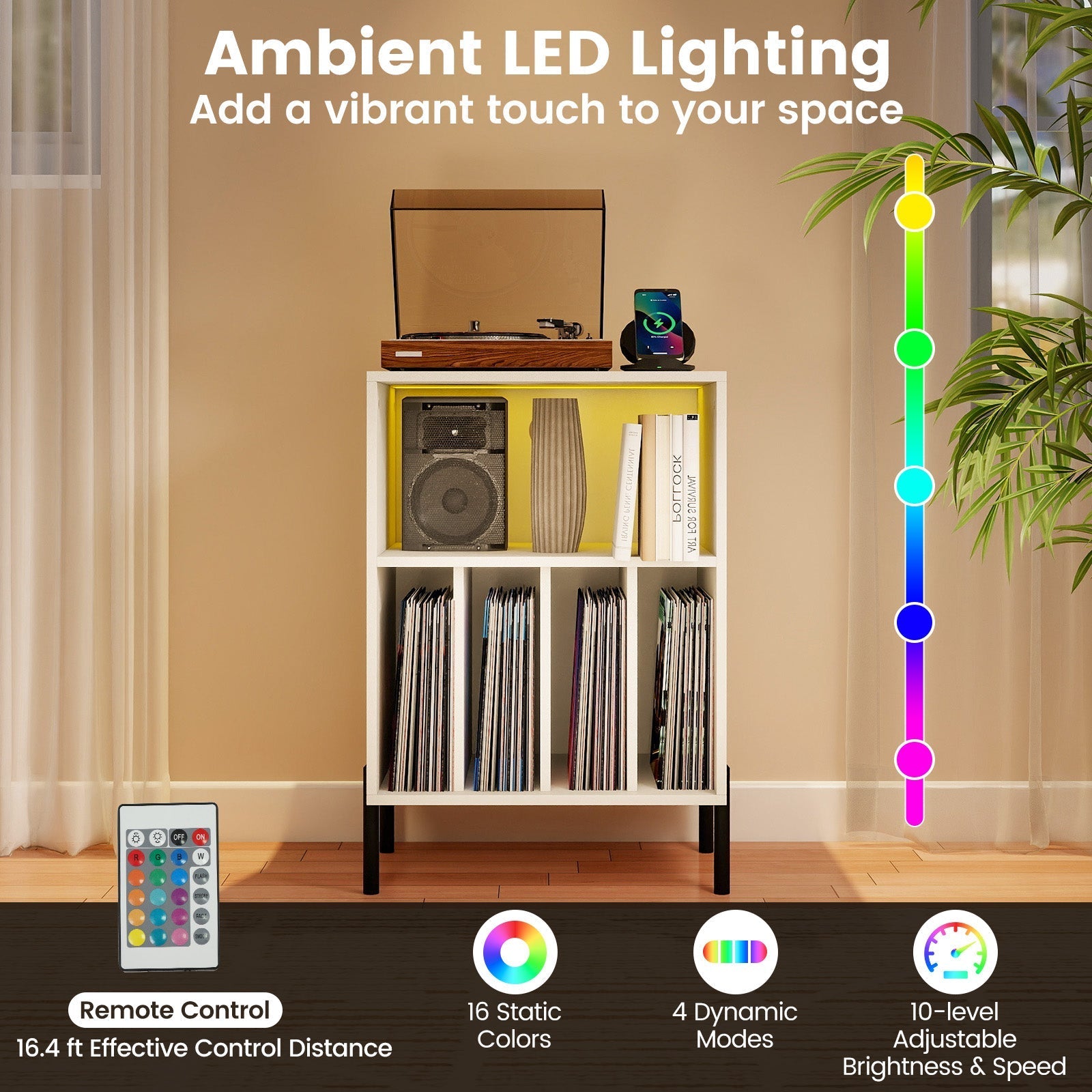 Record Player Stand with LED Light and Charging Station