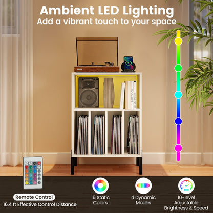 Record Player Stand with LED Light and Charging Station