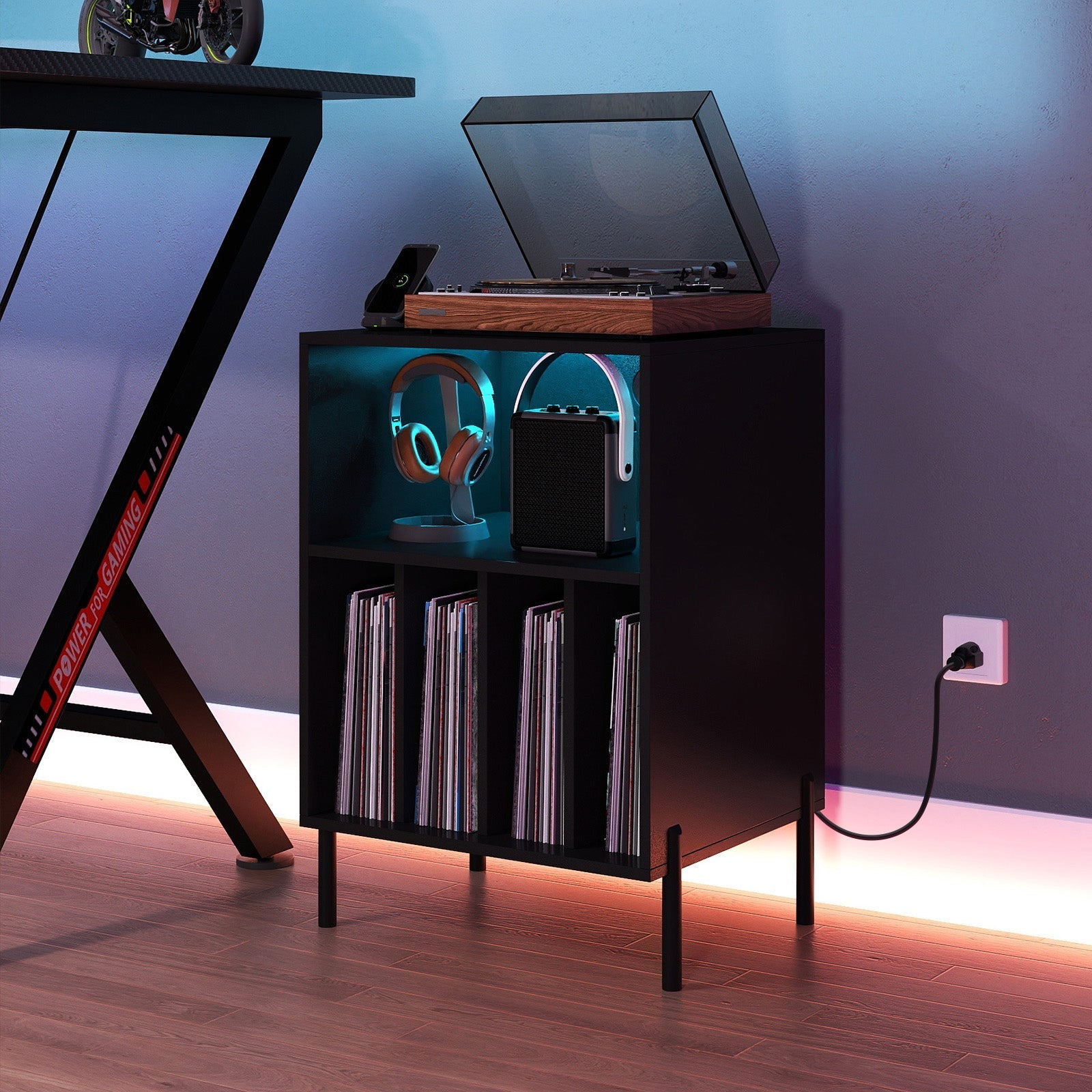 Record Player Stand with LED Light and Charging Station