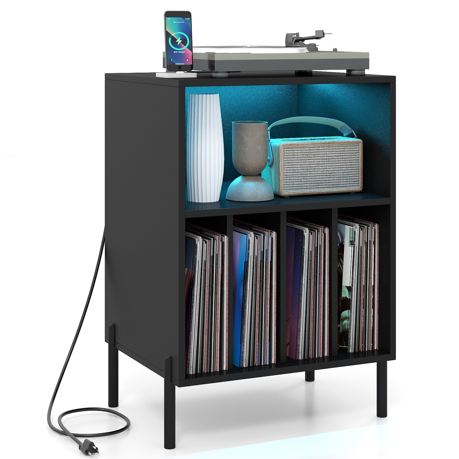 Record Player Stand with LED Light and Charging Station