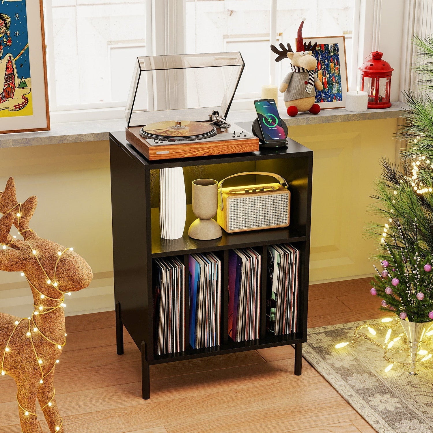 Record Player Stand with LED Light and Charging Station