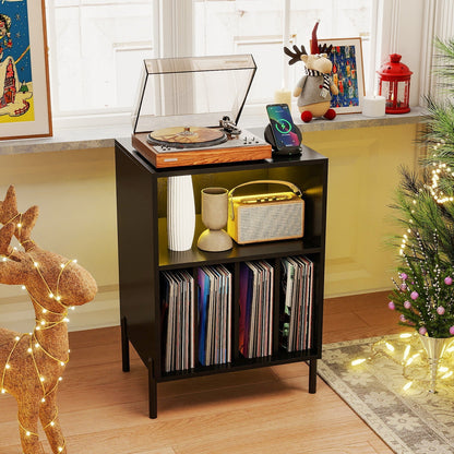Record Player Stand with LED Light and Charging Station