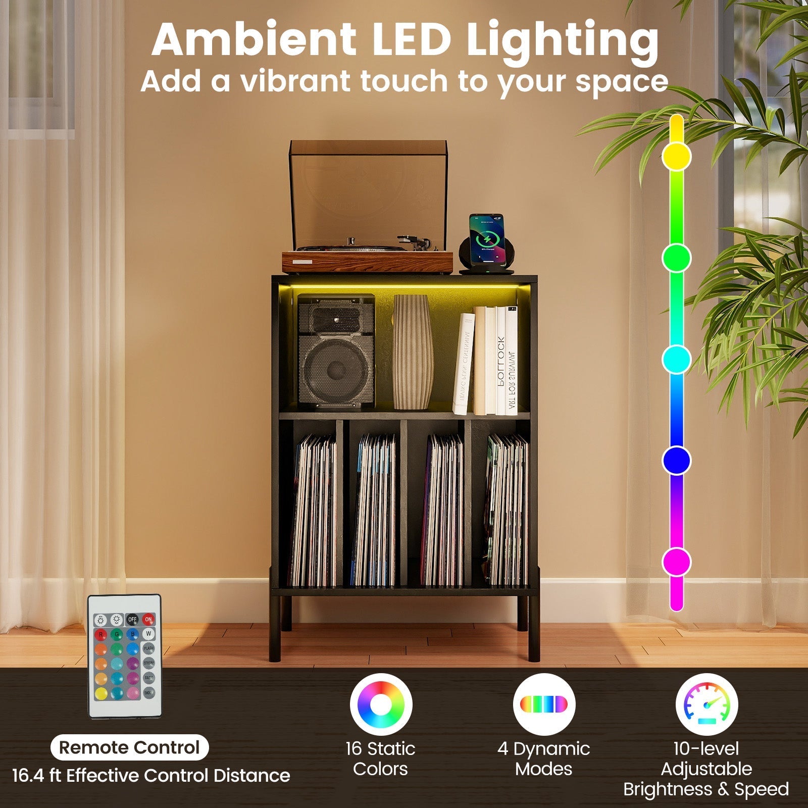 Record Player Stand with LED Light and Charging Station