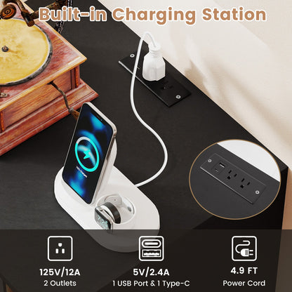 Record Player Stand with LED Light and Charging Station