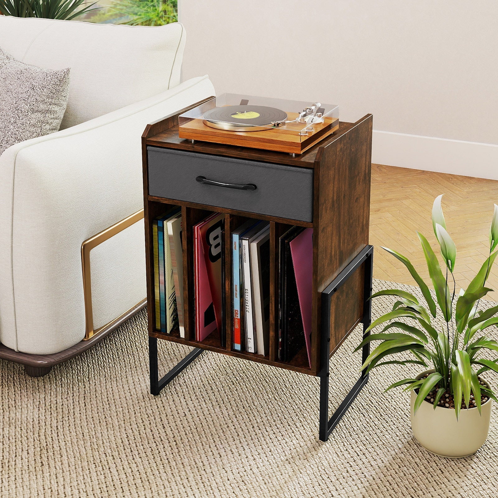 Record Player Stand with Drawer and Record Holder
