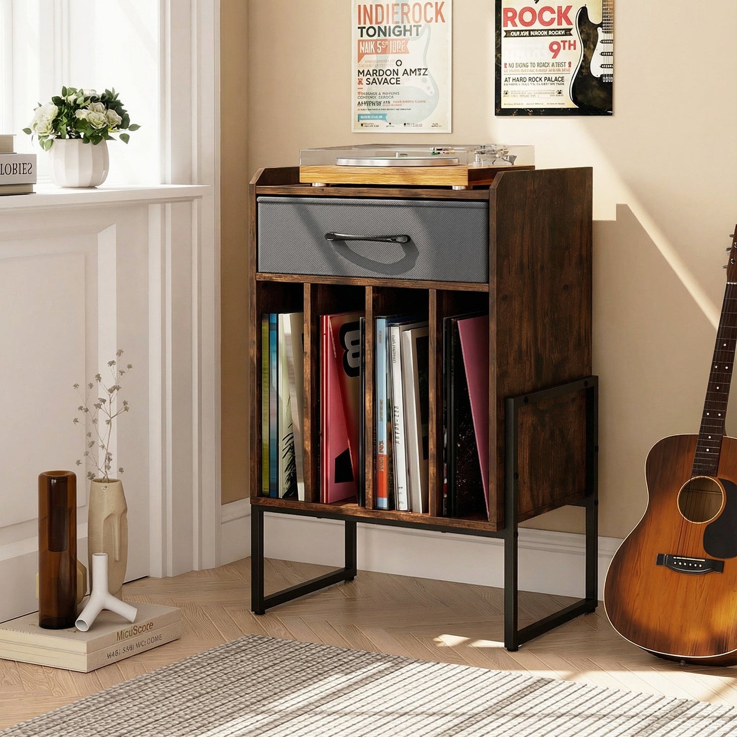 Record Player Stand with Drawer and Record Holder