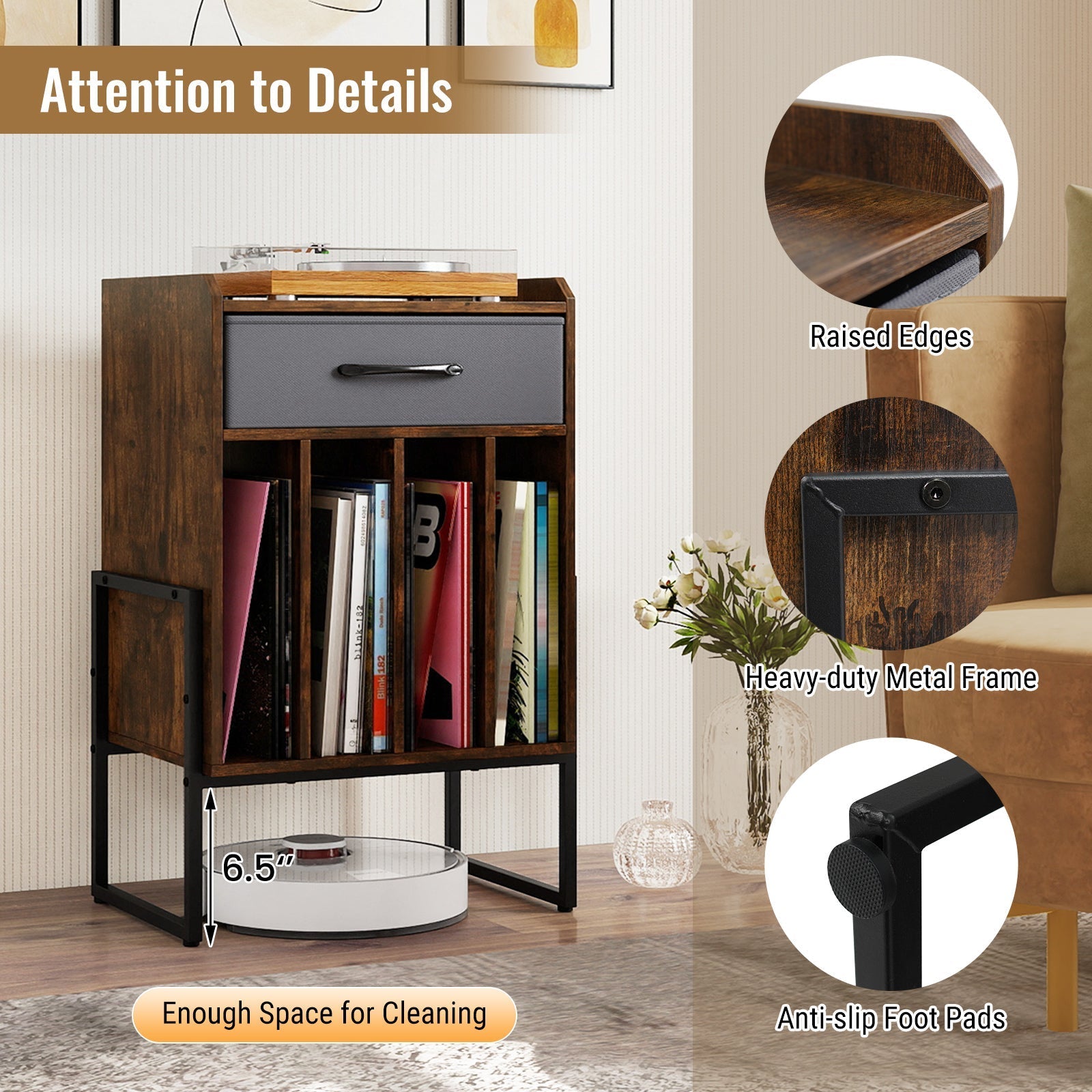 Record Player Stand with Drawer and Record Holder