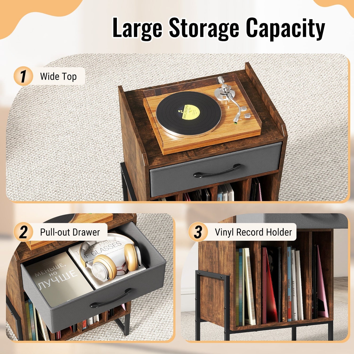 Record Player Stand with Drawer and Record Holder