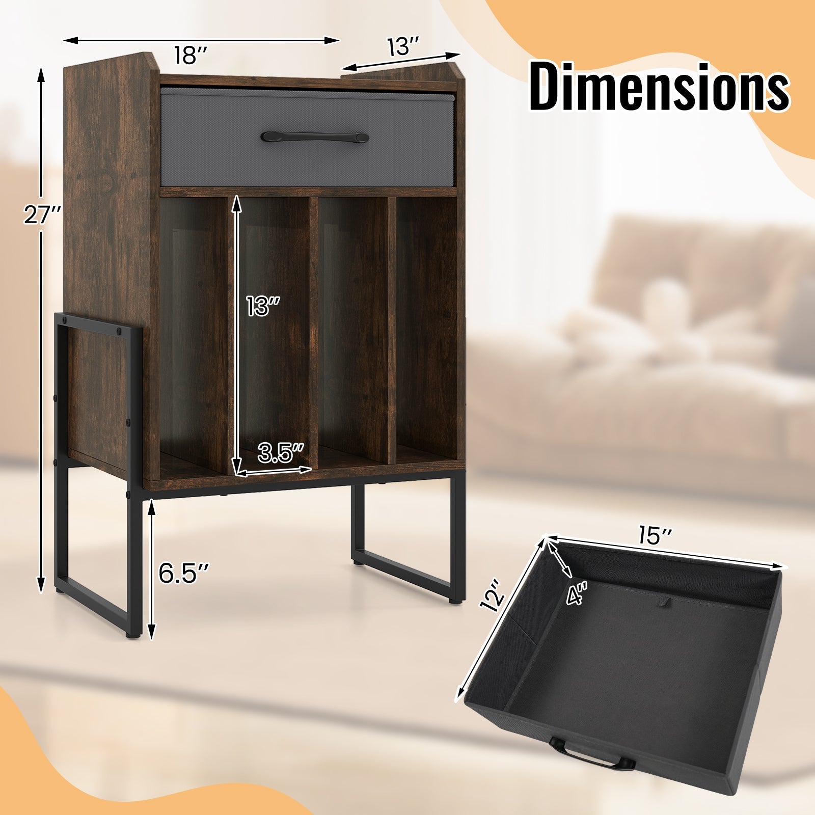 Record Player Stand with Drawer and Record Holder