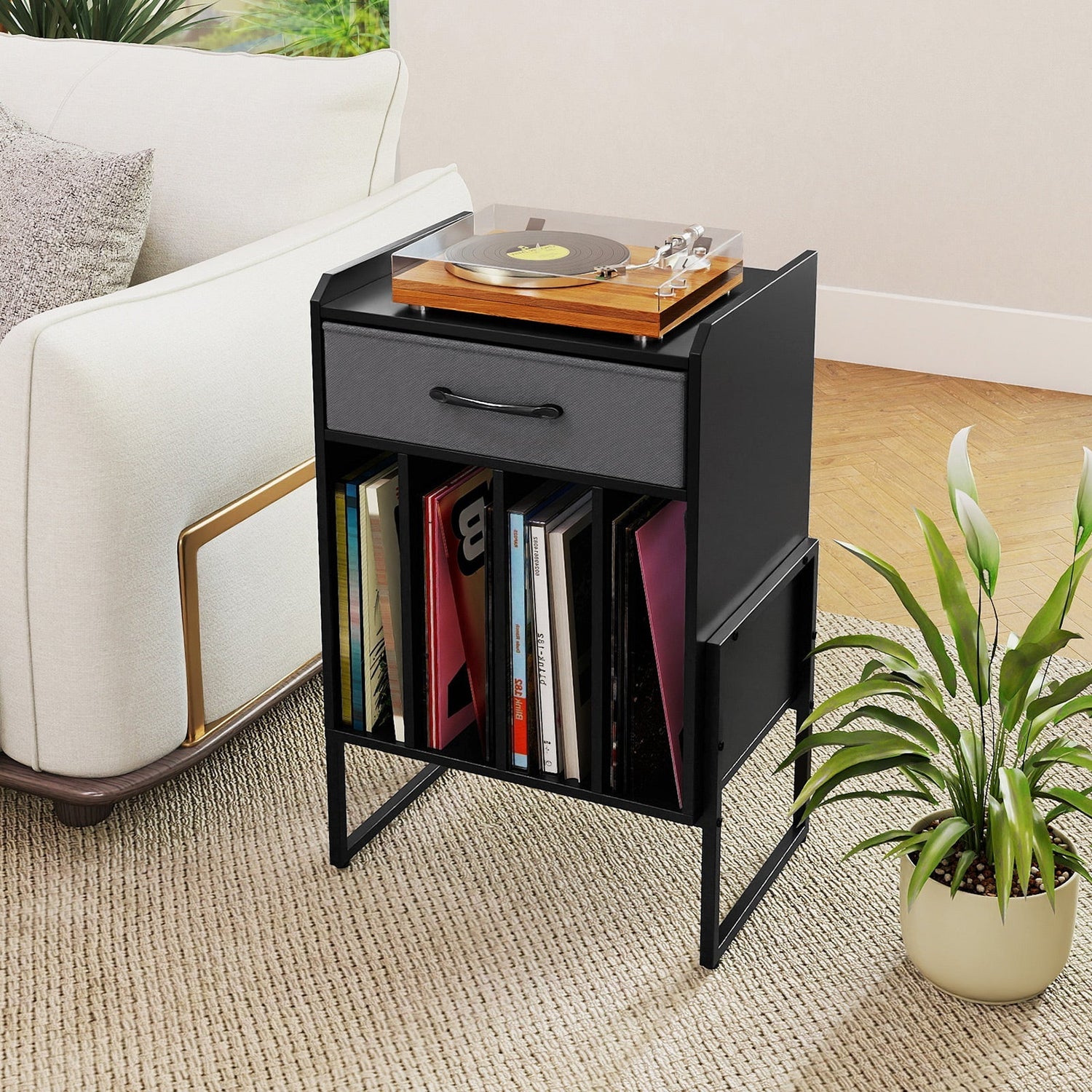 Record Player Stand with Drawer and Record Holder