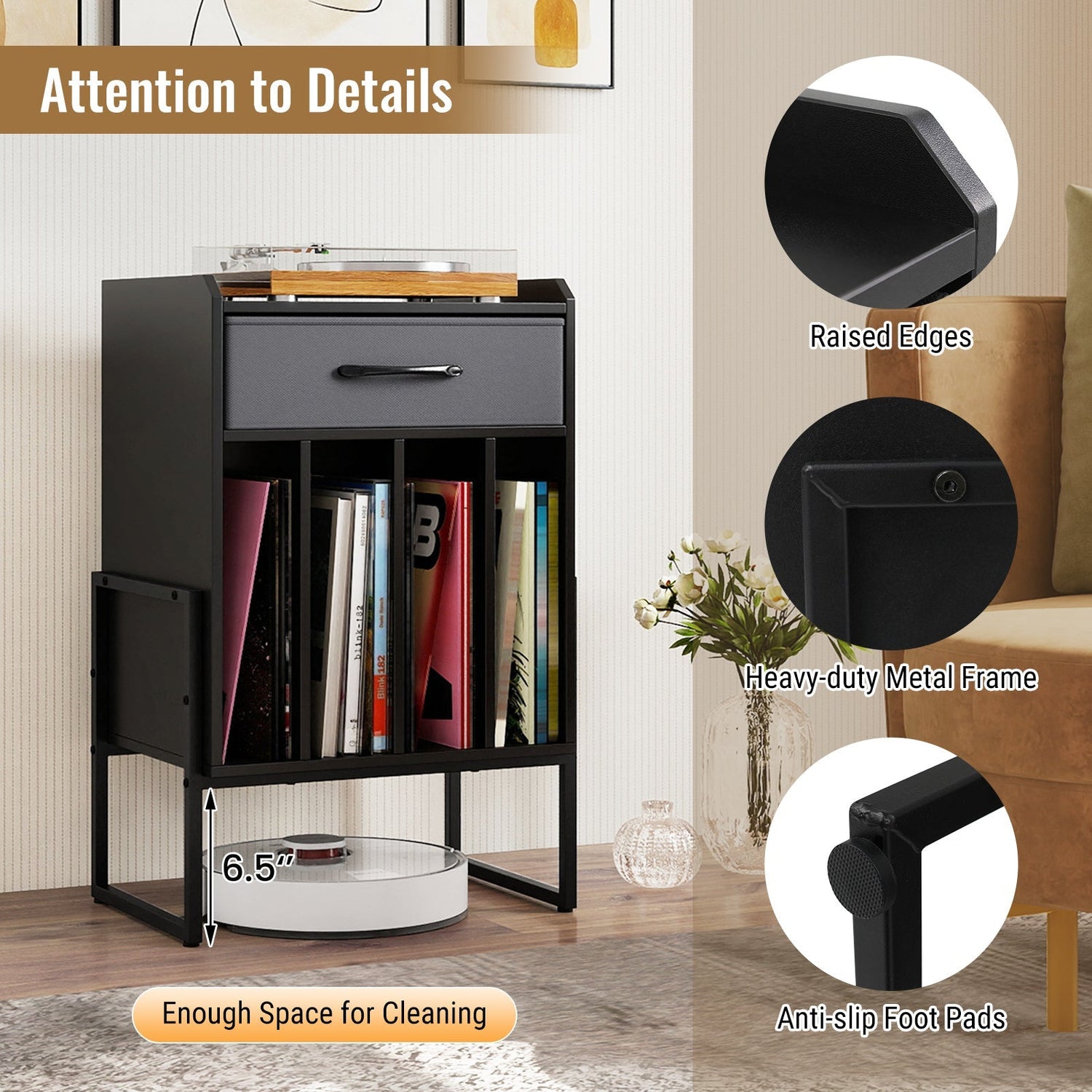 Record Player Stand with Drawer and Record Holder