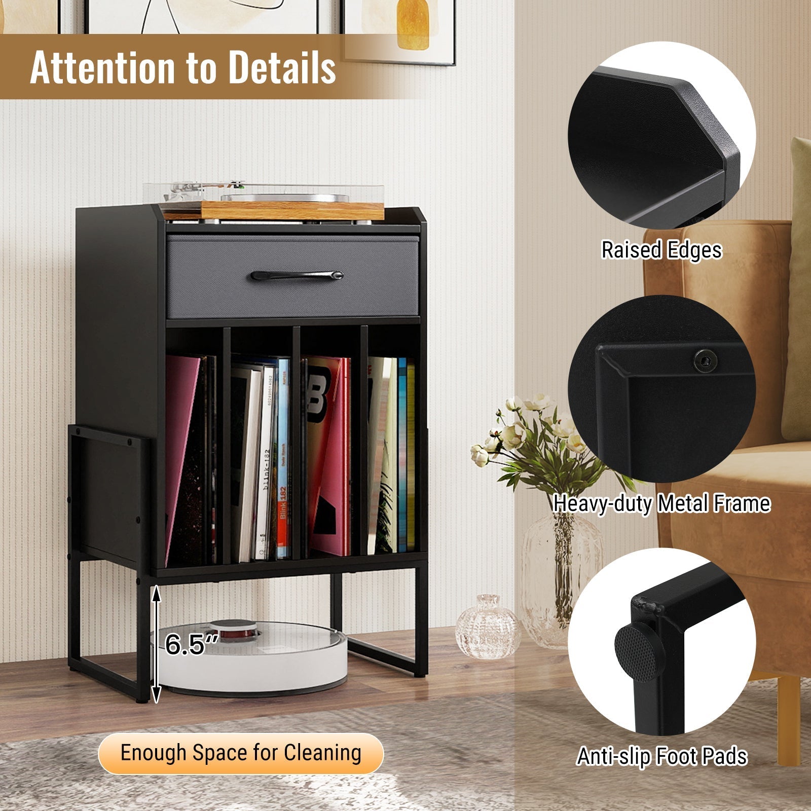 Record Player Stand with Drawer and Record Holder