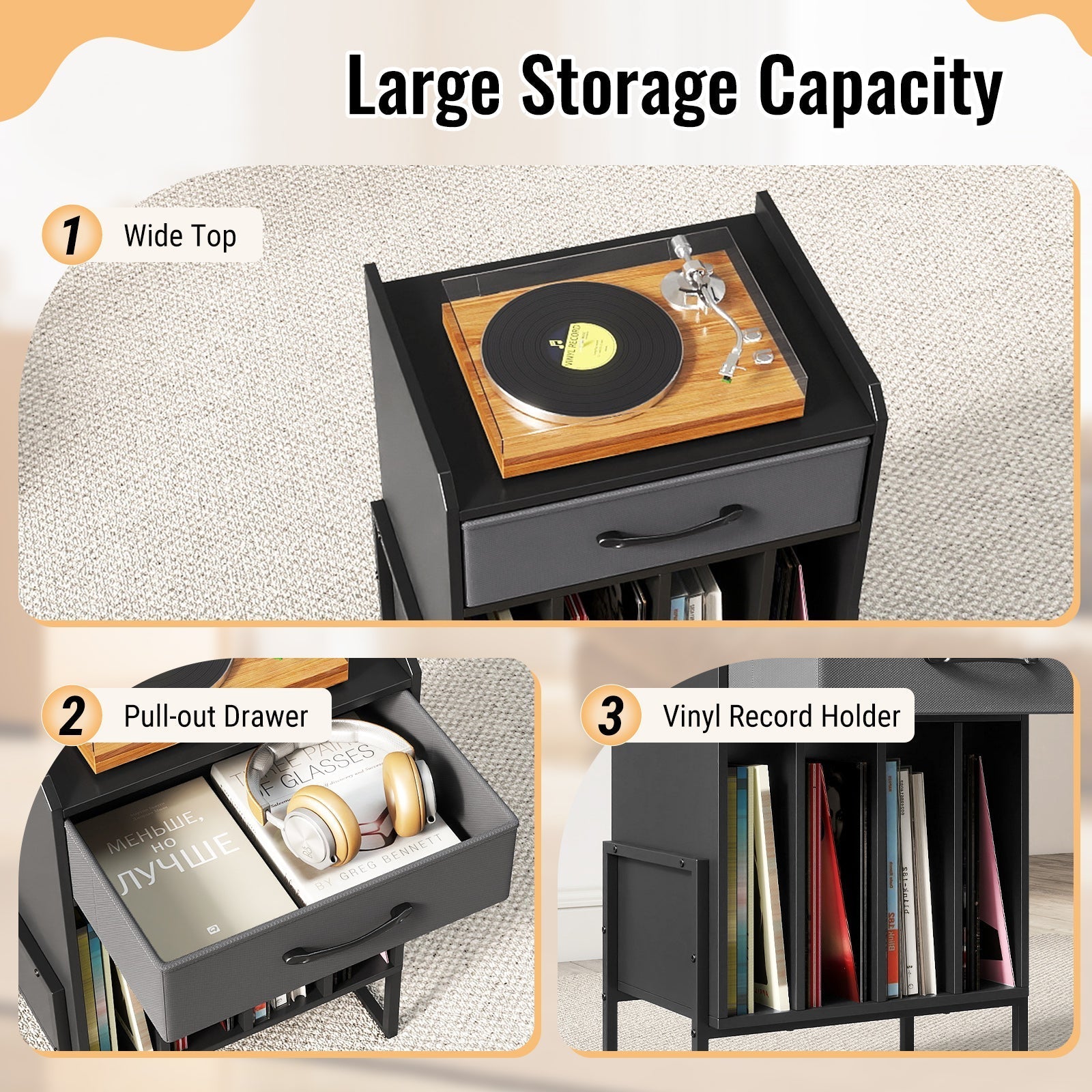 Record Player Stand with Drawer and Record Holder
