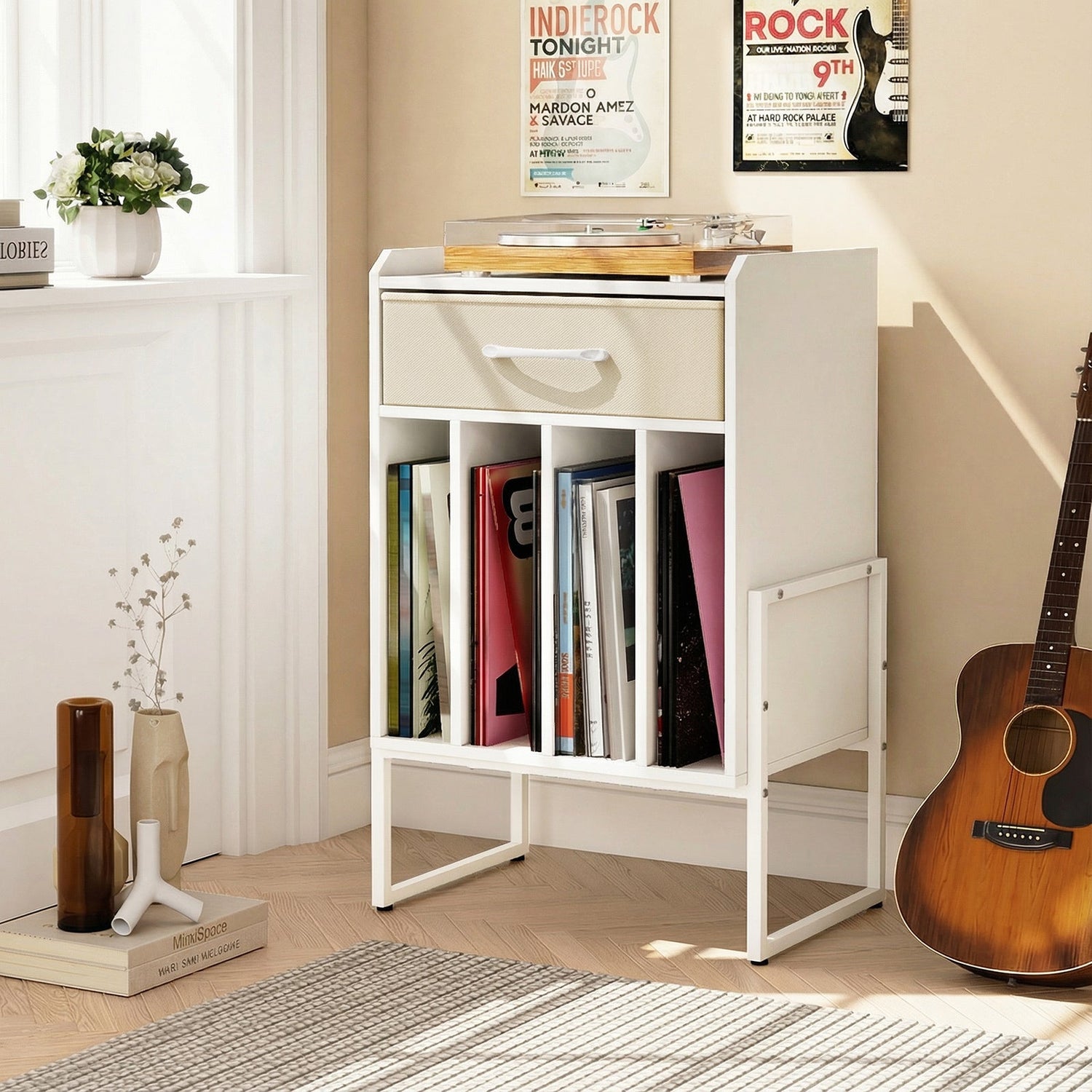 Record Player Stand with Drawer and Record Holder
