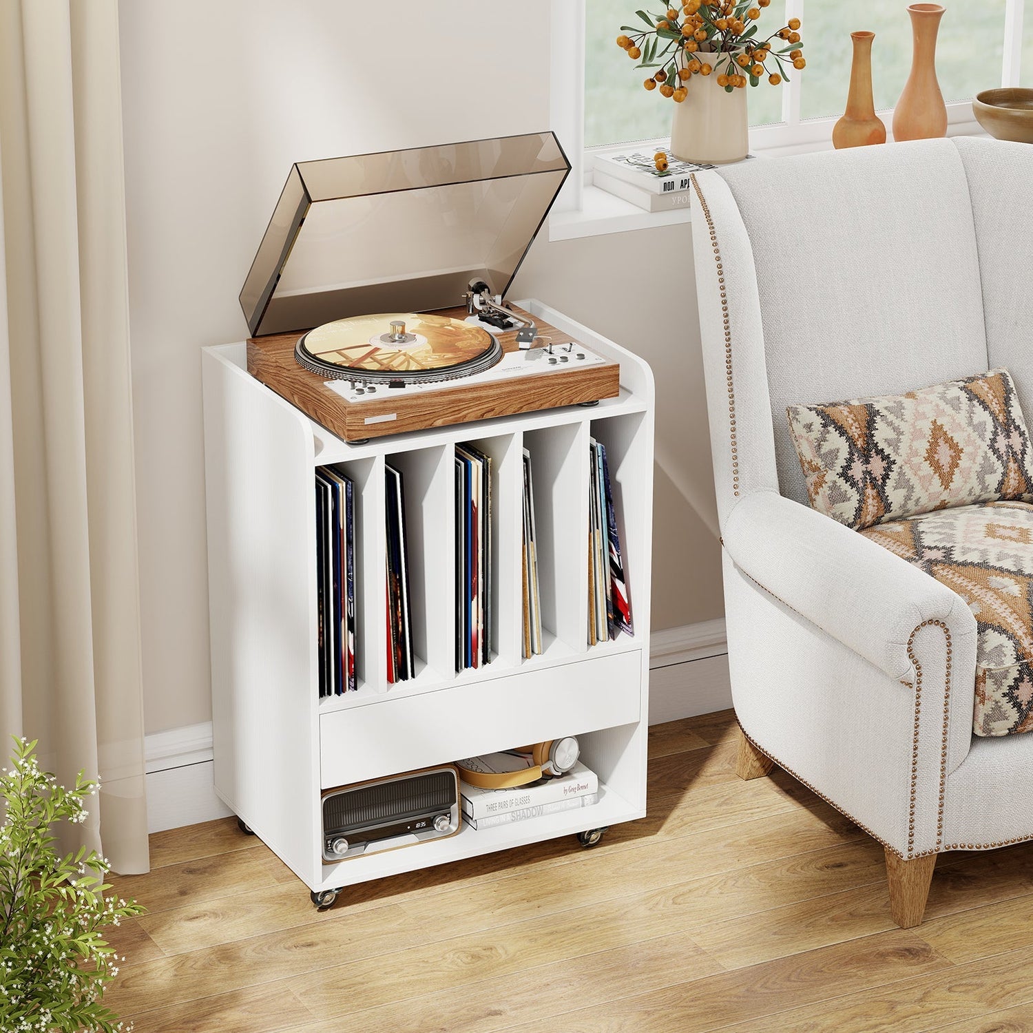 Record Player Stand Turntable Stand with Drawer and Record Holder