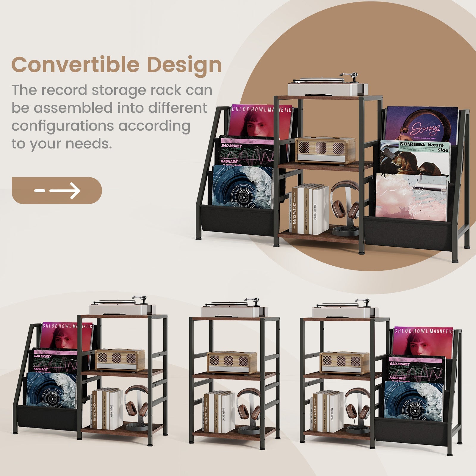 Record Player Stand for up to 200 Albums Turntable Display Stand with 3 Shelves