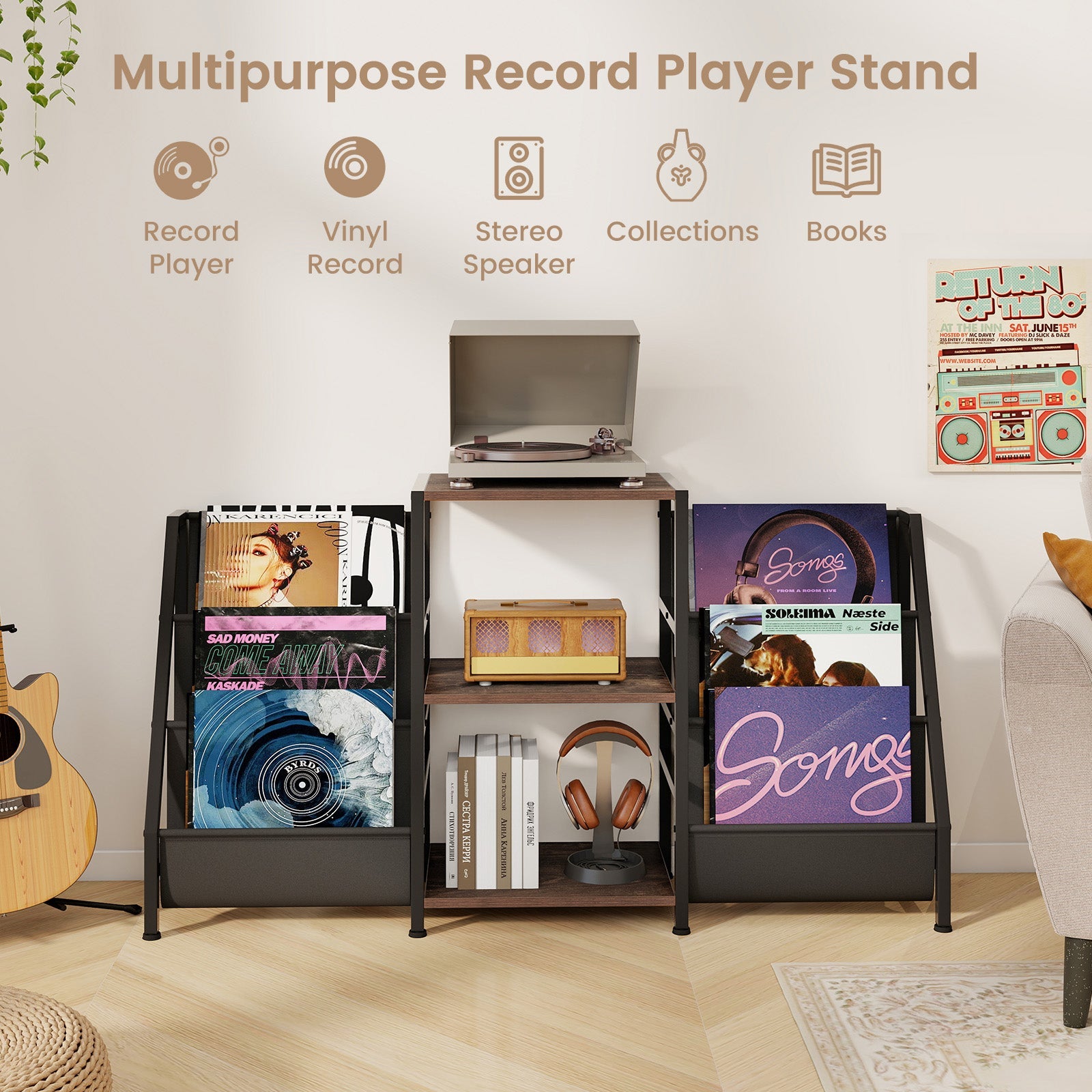 Record Player Stand for up to 200 Albums Turntable Display Stand with 3 Shelves