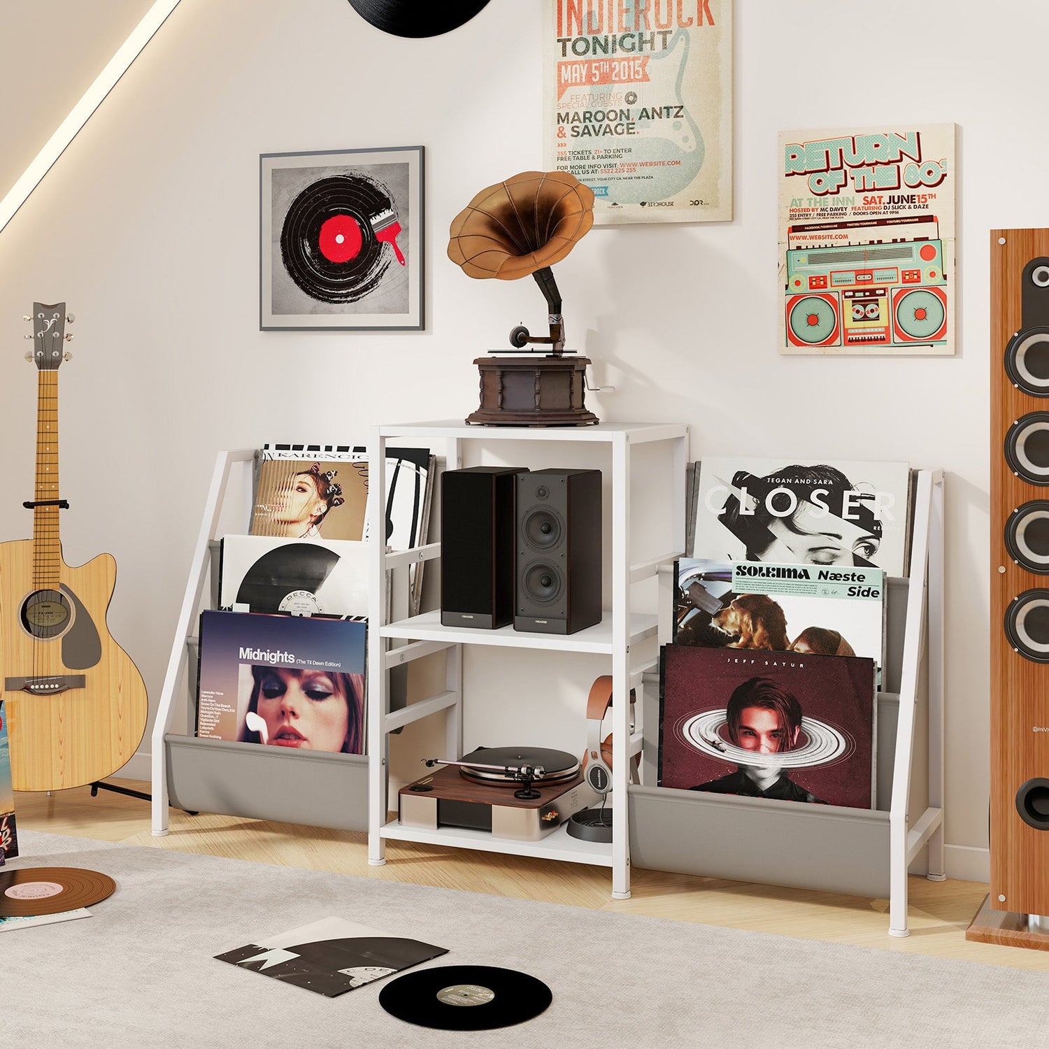 Record Player Stand for up to 200 Albums Turntable Display Stand with 3 Shelves