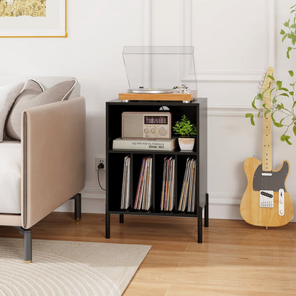 Record Player Stand with Record Storage Shelf and Charging Station