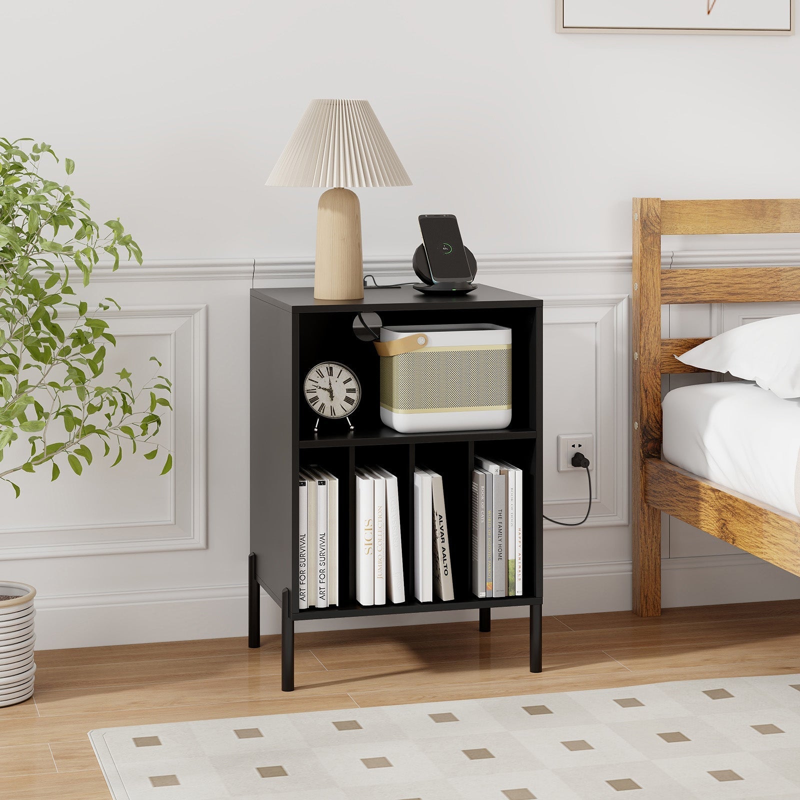 Record Player Stand with Record Storage Shelf and Charging Station