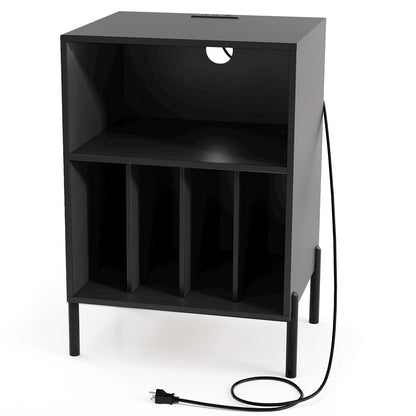 Record Player Stand with Record Storage Shelf and Charging Station