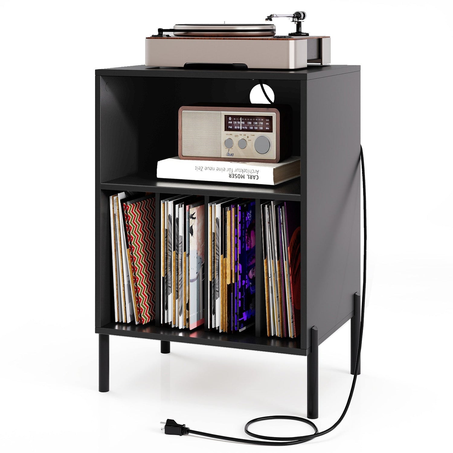 Record Player Stand with Record Storage Shelf and Charging Station