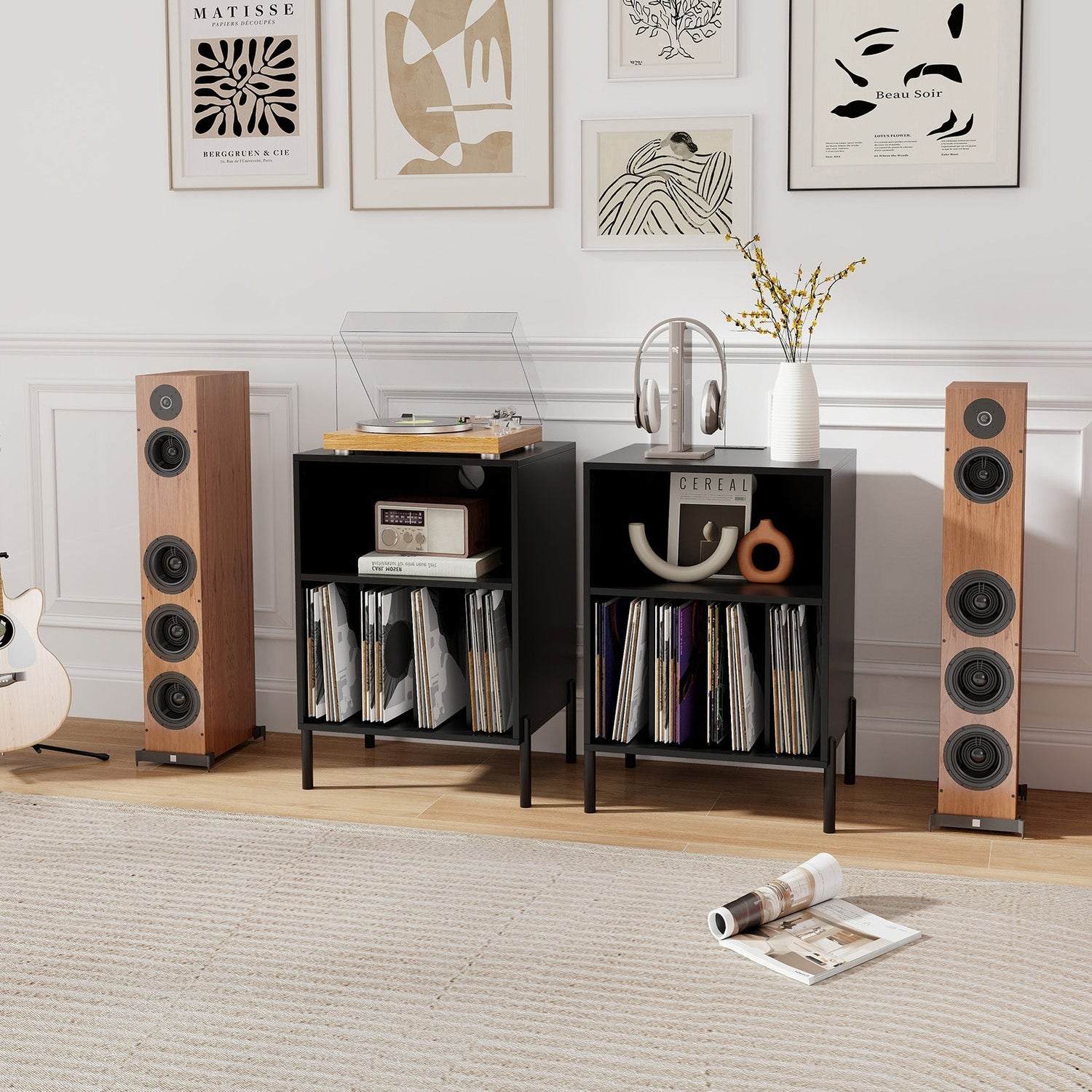 Record Player Stand with Record Storage Shelf and Charging Station