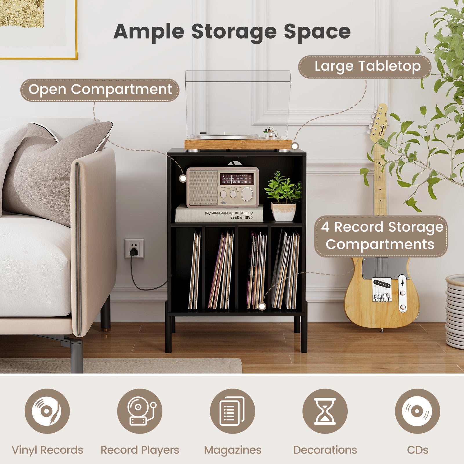 Record Player Stand with Record Storage Shelf and Charging Station