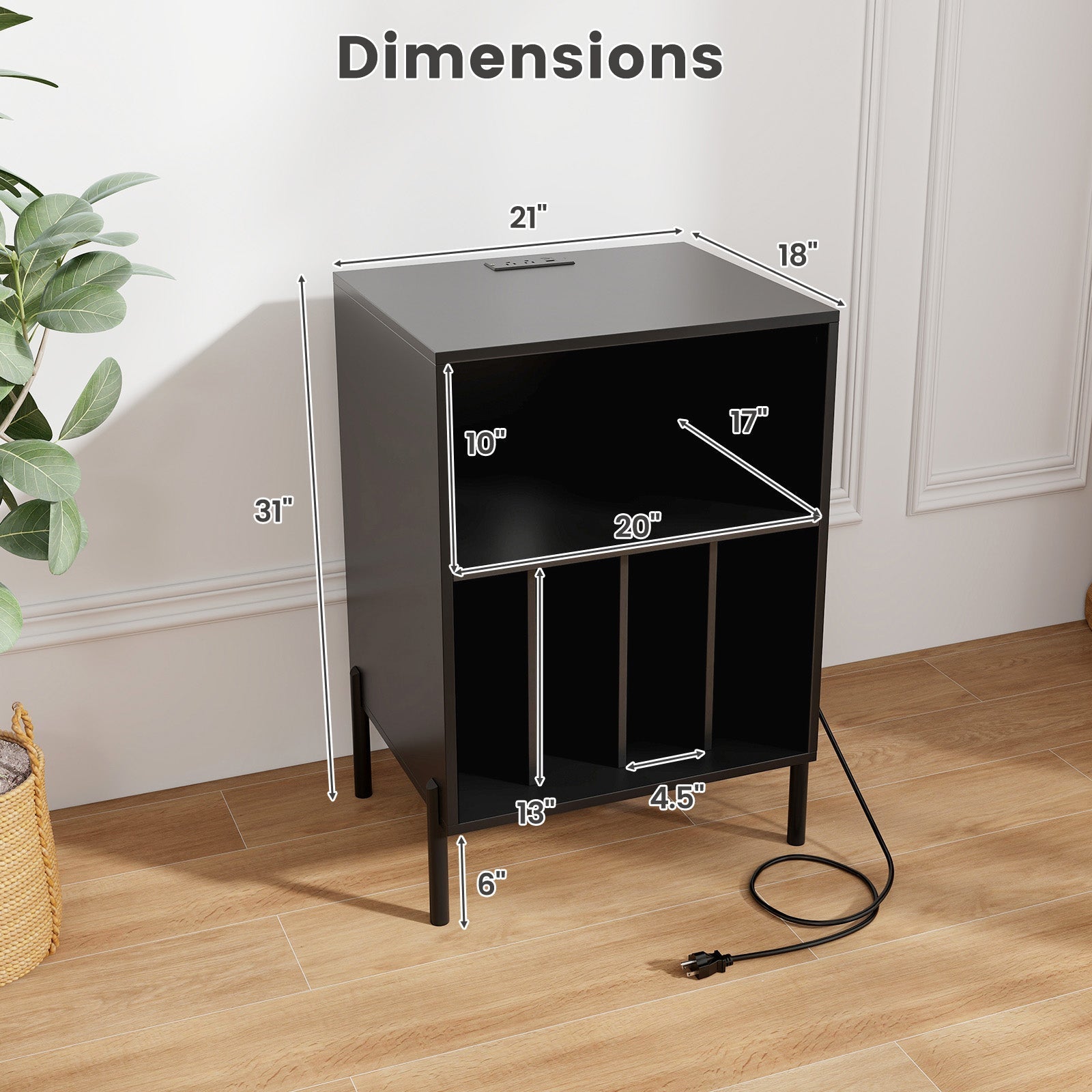 Record Player Stand with Record Storage Shelf and Charging Station