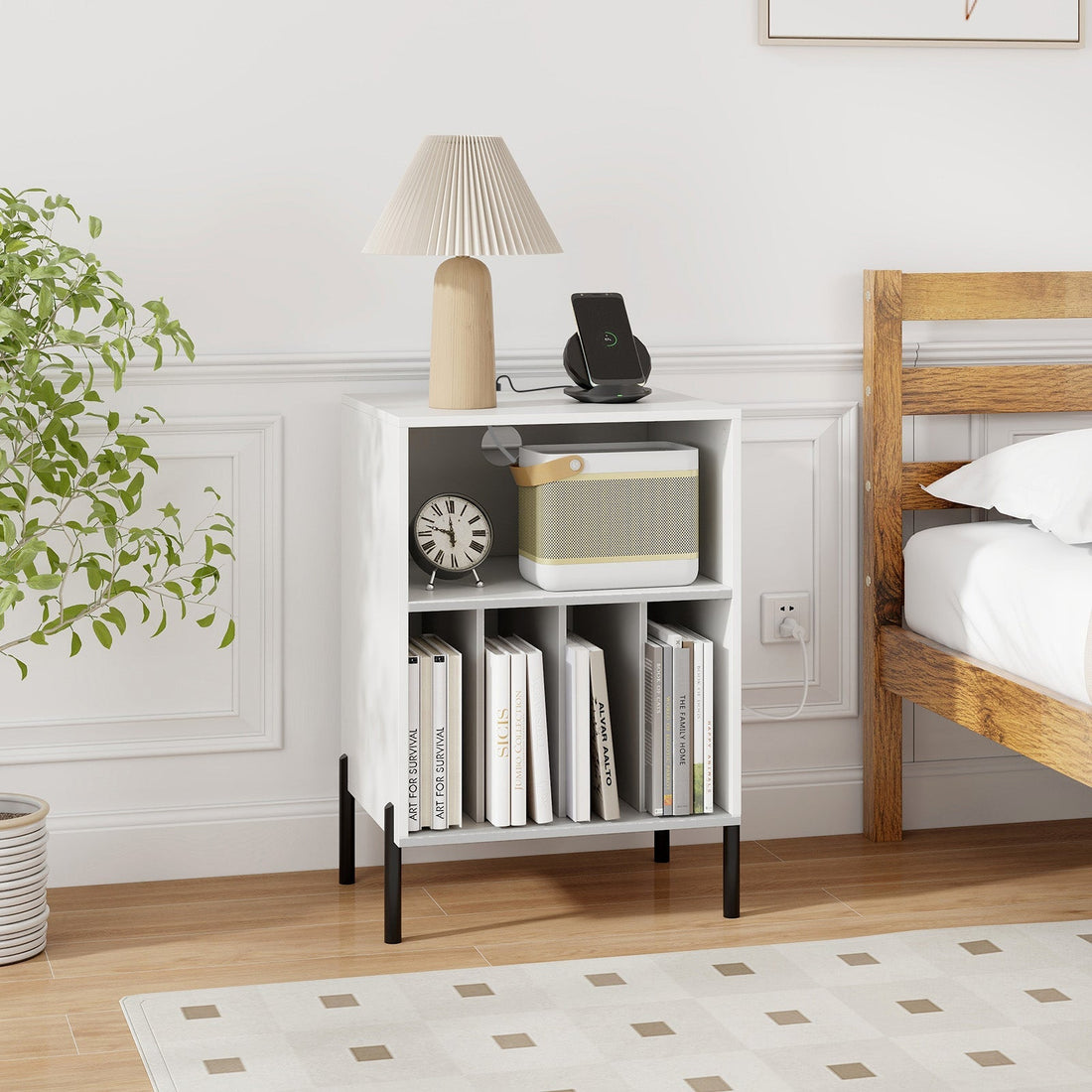 Record Player Stand with Record Storage Shelf and Charging Station
