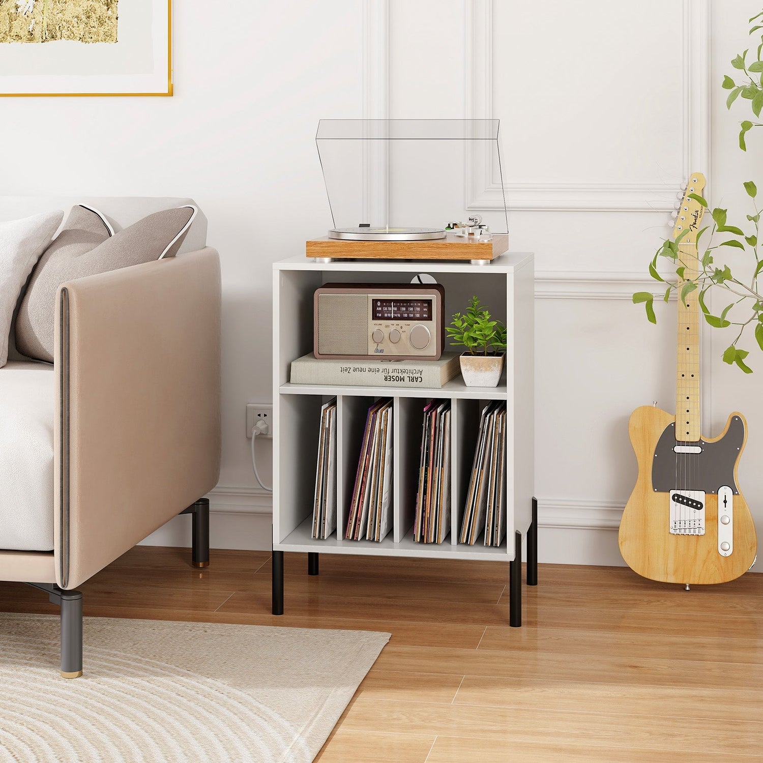 Record Player Stand with Record Storage Shelf and Charging Station