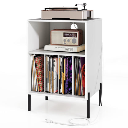 Record Player Stand with Record Storage Shelf and Charging Station