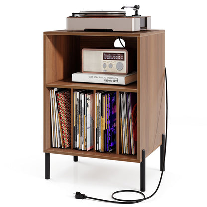 Record Player Stand with Record Storage Shelf and Charging Station