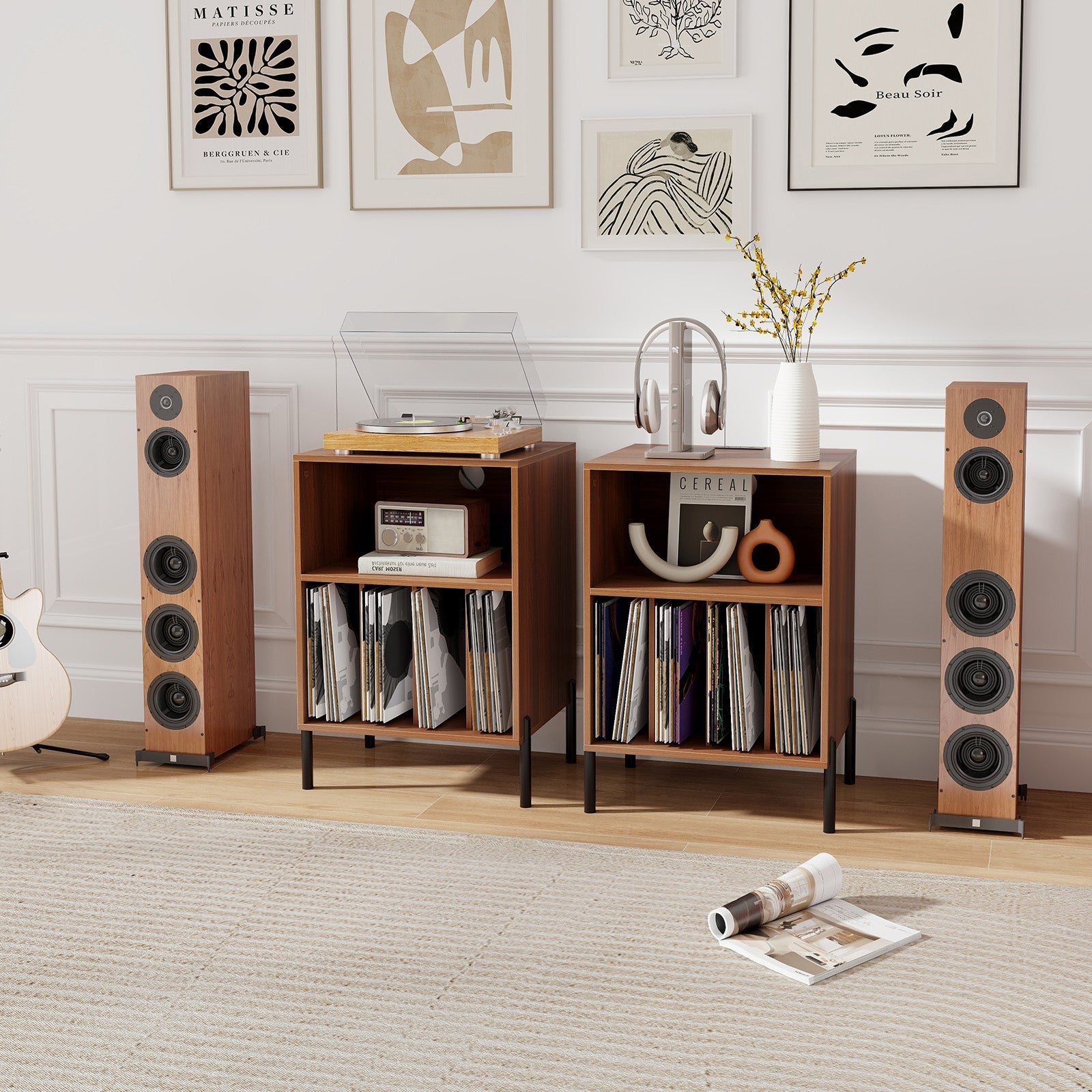 Record Player Stand with Record Storage Shelf and Charging Station