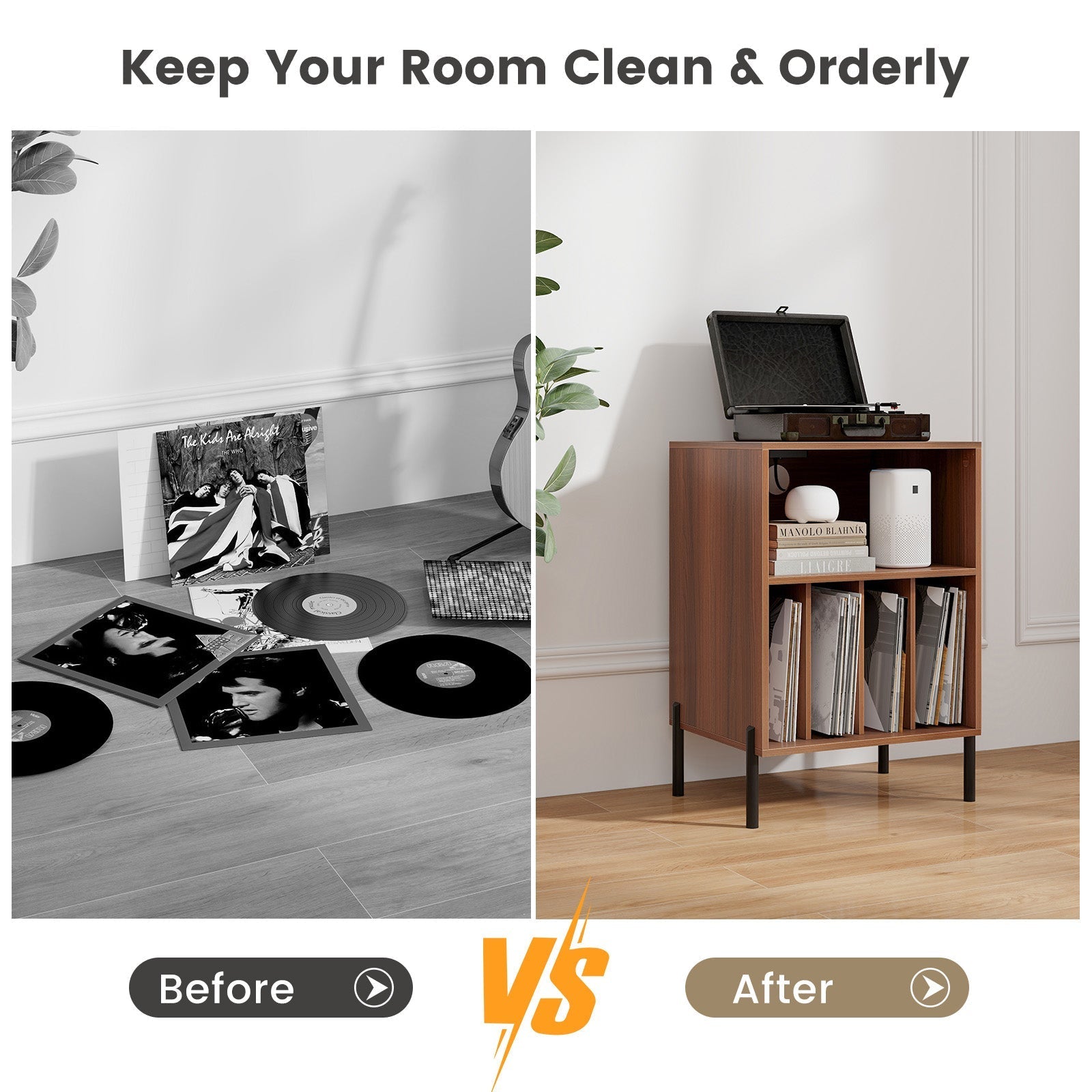 Record Player Stand with Record Storage Shelf and Charging Station