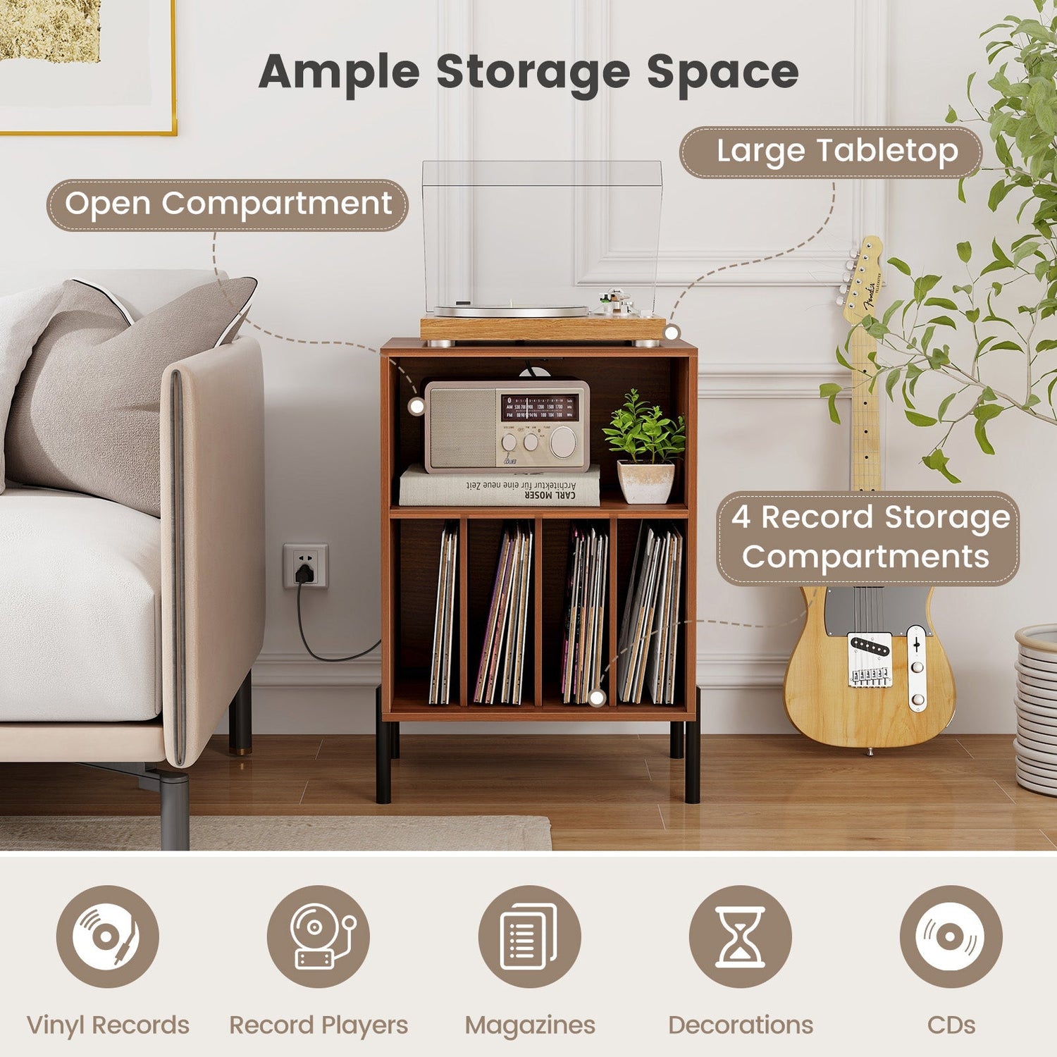 Record Player Stand with Record Storage Shelf and Charging Station