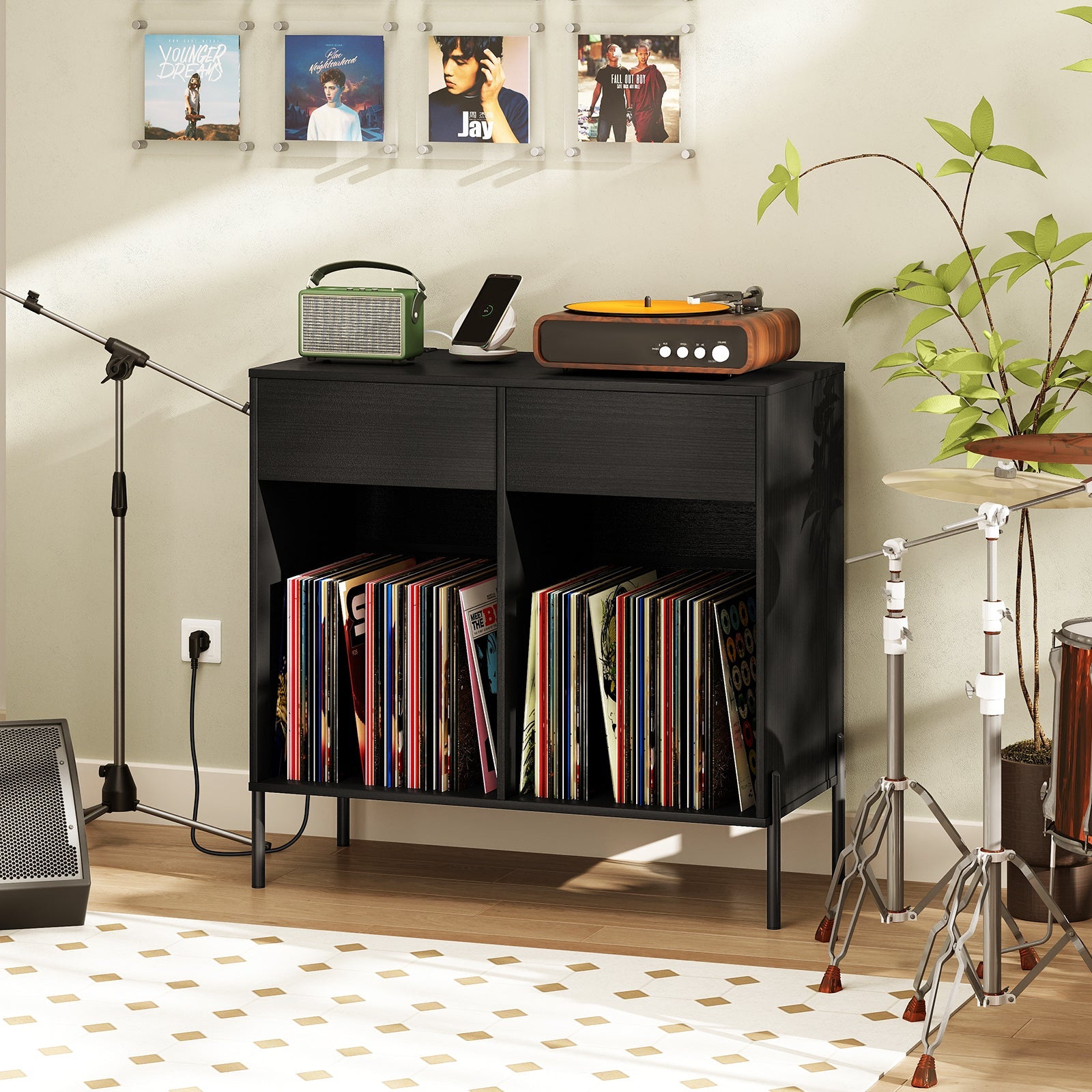 Record Player Stand with Power Outlets Double Wide Turntable Stand Vinyl Record Storage Table