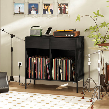 Record Player Stand with Power Outlets Double Wide Turntable Stand Vinyl Record Storage Table