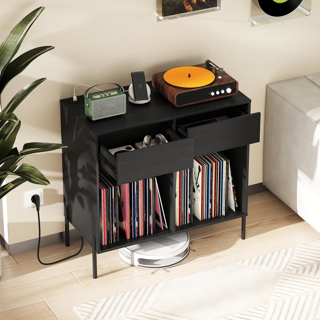 Record Player Stand with Power Outlets Double Wide Turntable Stand Vinyl Record Storage Table