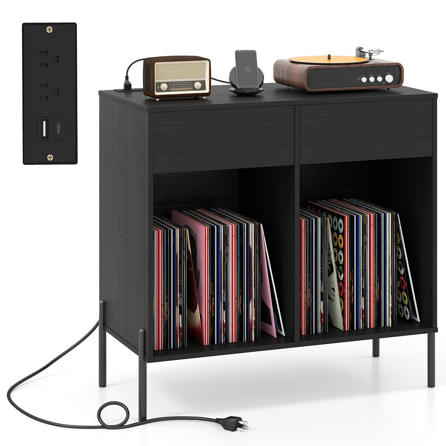 Record Player Stand with Power Outlets Double Wide Turntable Stand Vinyl Record Storage Table