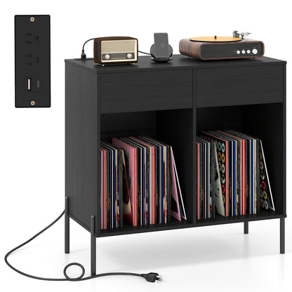 Record Player Stand with Power Outlets Double Wide Turntable Stand Vinyl Record Storage Table