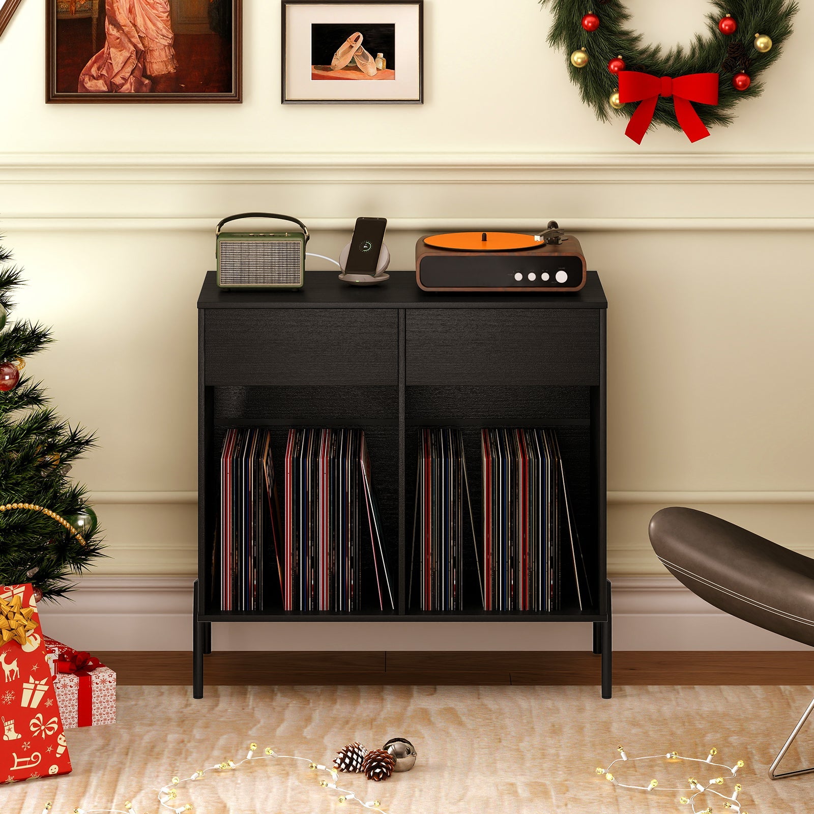 Record Player Stand with Power Outlets Double Wide Turntable Stand Vinyl Record Storage Table