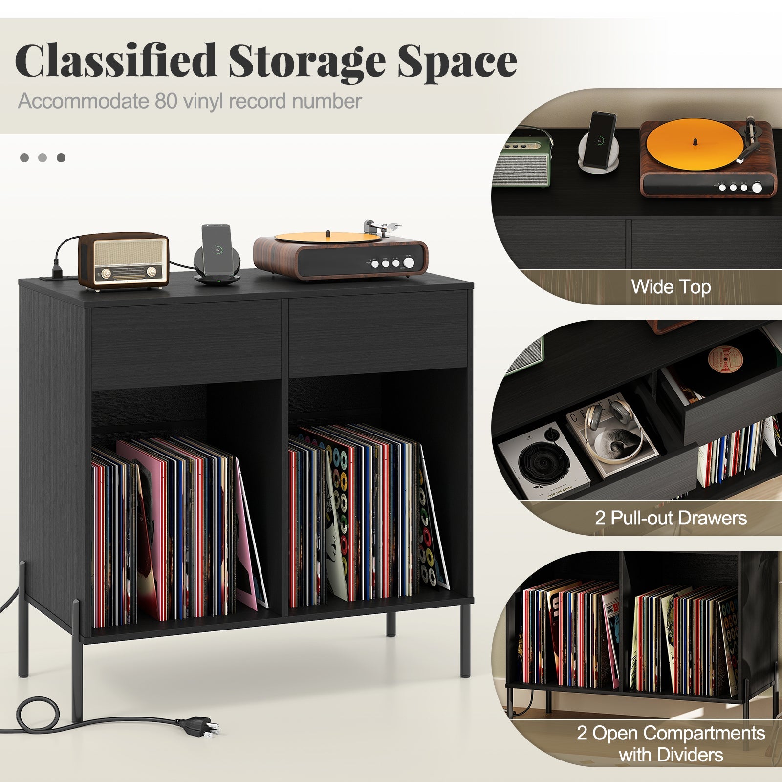 Record Player Stand with Power Outlets Double Wide Turntable Stand Vinyl Record Storage Table