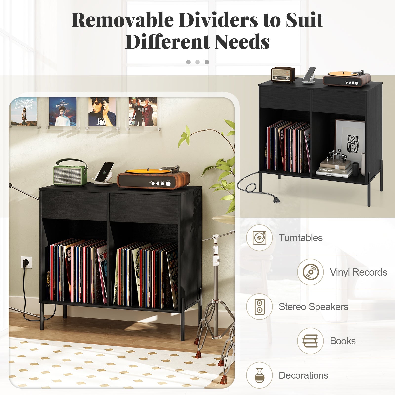 Record Player Stand with Power Outlets Double Wide Turntable Stand Vinyl Record Storage Table
