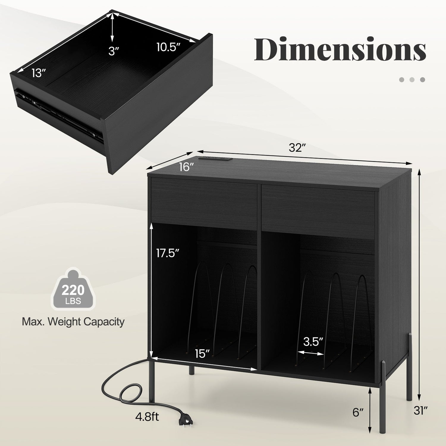 Record Player Stand with Power Outlets Double Wide Turntable Stand Vinyl Record Storage Table