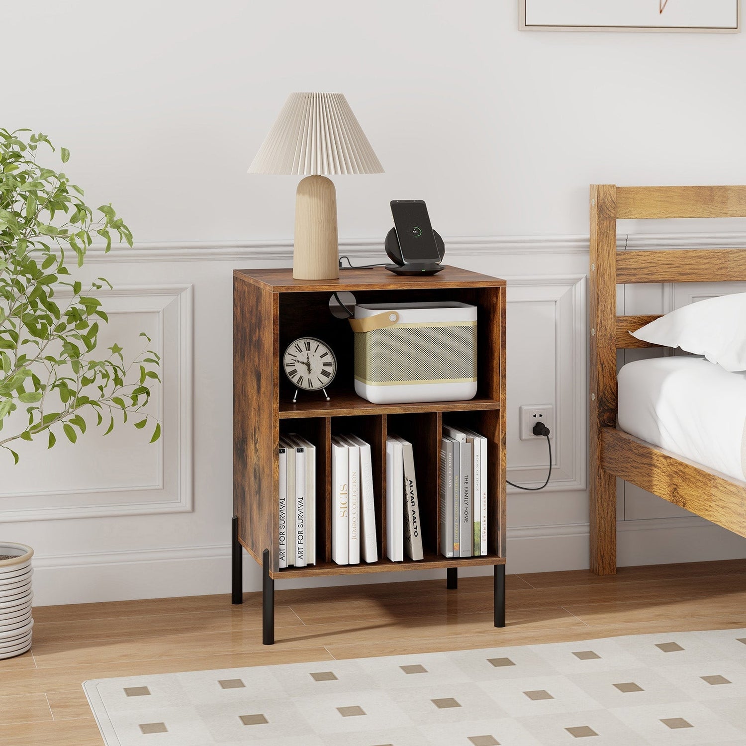 Record Player Stand with Record Storage Shelf and Charging Station